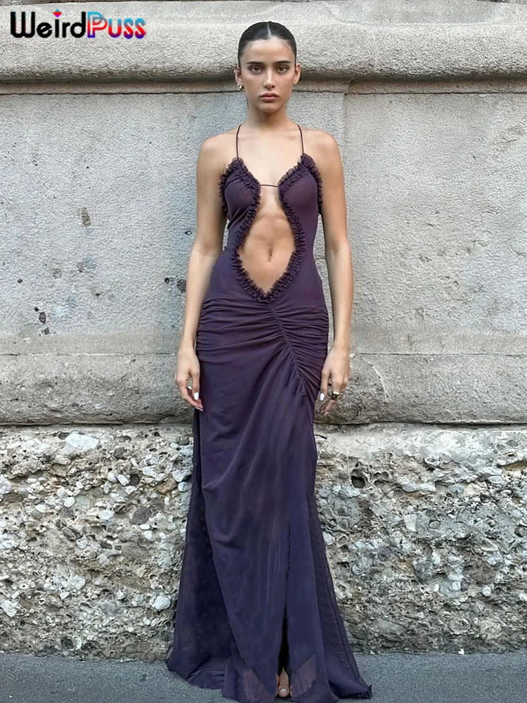 Weird Puss Side Split Women Dress Spaghetti Strap Halter Neck Edible Tree Fungus Hollow Out Sexy Evening Party Ladies Vestido