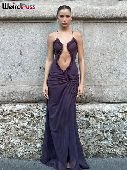 Weird Puss Side Split Women Dress Spaghetti Strap Halter Neck Edible Tree Fungus Hollow Out Sexy Evening Party Ladies Vestido