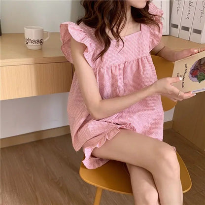 Fly Sleeve Sleepwear Women Pajamas Shorts Set Plaid Korean Kawaii Pijama Night Wear Ruffles Summer Home Suit Cute Sleeping 2024