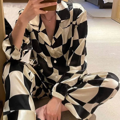 Korean Style Women's Two-piece Pajamas Sets Fashion Flower Print Faux Silk Satin Sleepwear Female Long Sleeve Pants Housewear 8