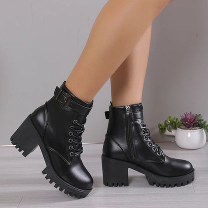 Winter New Fashion Comfortable Elegant Square with Women's Shoes Side Zipper Round Head Solid Color Simple Thick Heel Boots Badiee Stylez