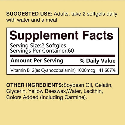 Vitamin B12 1000mcg - Benefits Brain & Heart Function, Memory, Learning, Helps Boost Natural Energy