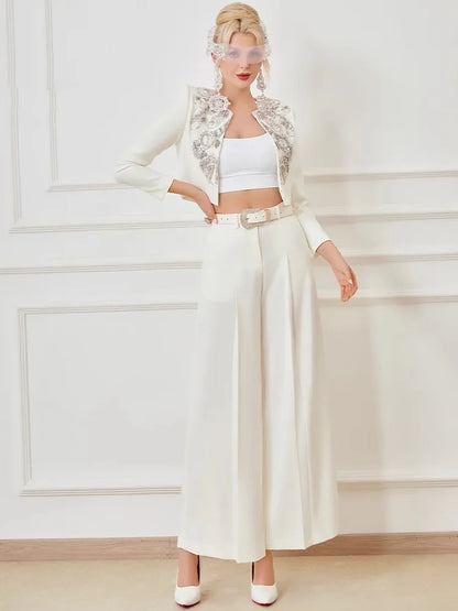 Elegant Office Ladies Designer Handmade Diamonds Slim Fit Short Jacket Hgih Waist Wide Leg Pants Women Two Piece Set Size S-5XL Badiee Stylez