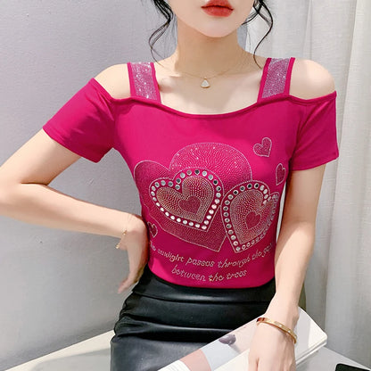 Aoxison Summer Short Sleeved Women's T-Shirt Elegant Slim Shiny Love Heart Diamonds Mesh Tops Chic Girl Sexy Off Shoulder Tees Rose1