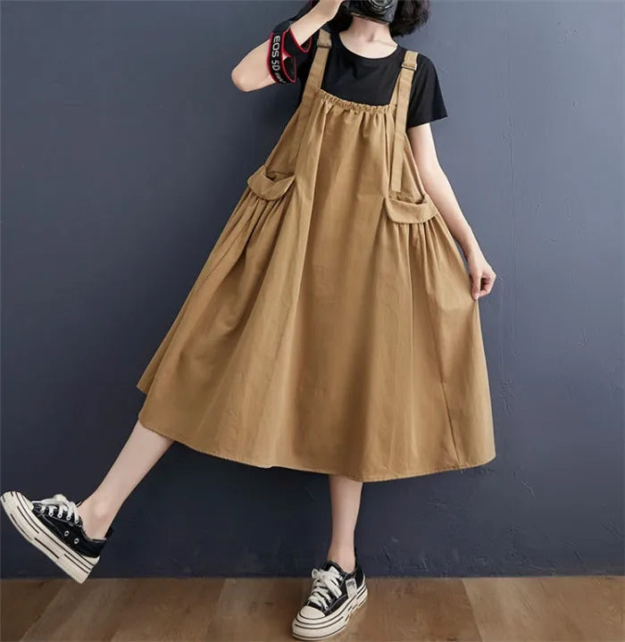 Female Dress Summer Mid-Length Loose Solid Color Pocket Swing Chic Casual Straps Dresses New Women Dress Vestidos Selling