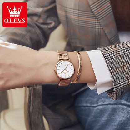 OLEVS Watch For Women Japan Quartz Movement 6.5mm Case Thickness Waterproof Ladies Hand Clock Calendar Fashion Dress Wrist Watch