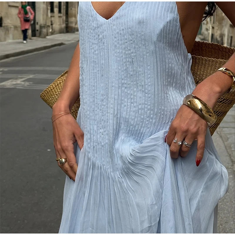 Fashion Solid Pleated Jumpsuit Women Chic Sleeveless U Neck Backless Loose Vacation Pants Set 2025 Summer Holiday Street Outfit