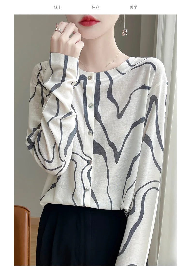 Spring And Summer New Lyocell Water-Soluble Wool Blended Round Neck Knit Cardigan Long Sleeve Feminine Sweater Printed Top