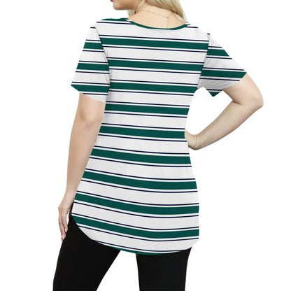 Plus Size Casual striped T-shirt For Women V neck short sleeves Loose Tops With Pocket Summer Daily Casual Plus Size Women's Top