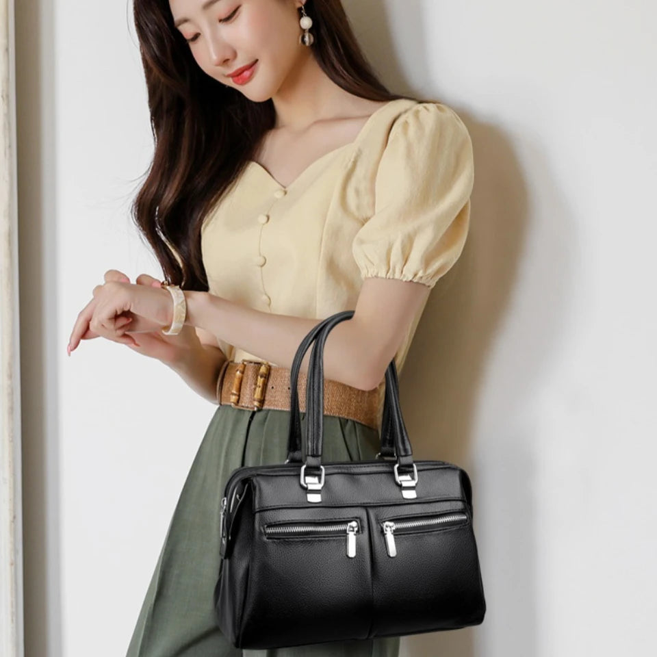 Two Pockets Genuine Brand High Quality Leather Casual Tote Luxury Handbags Women Bags Designer Shoulder Hand Bags for Women Sac