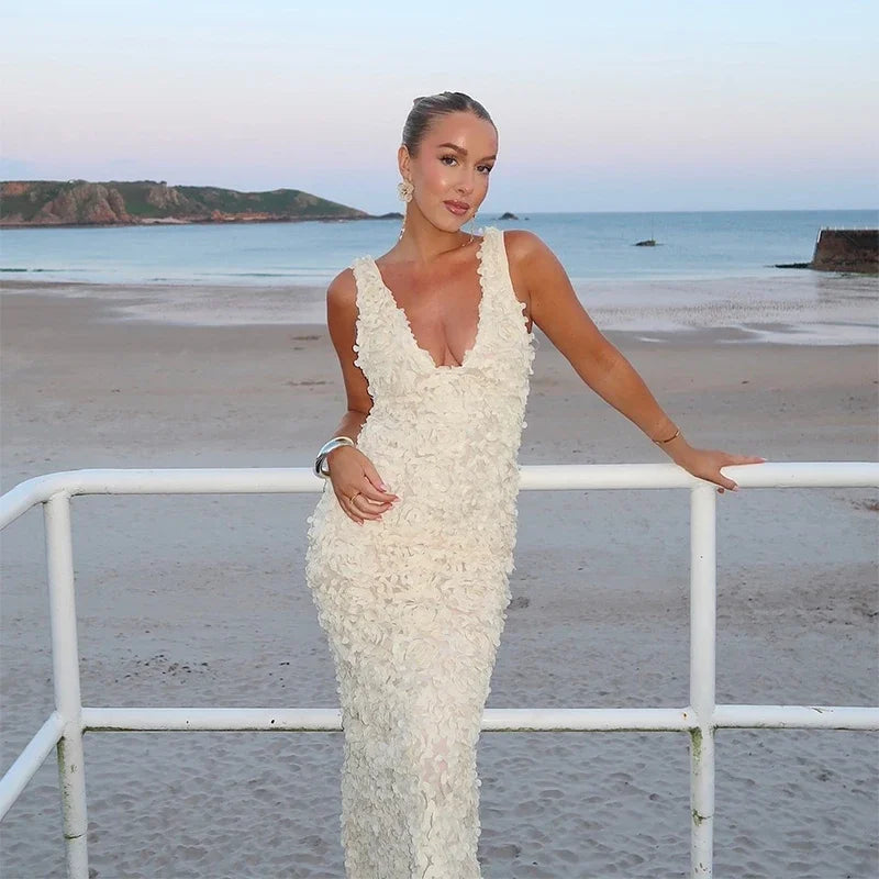 Sexy 3D Flower Deep V-neck Dress Women Slim Sleeveless Backless Split Hip Package Midi Dresses 2025 Spring Ladies New Vestidos