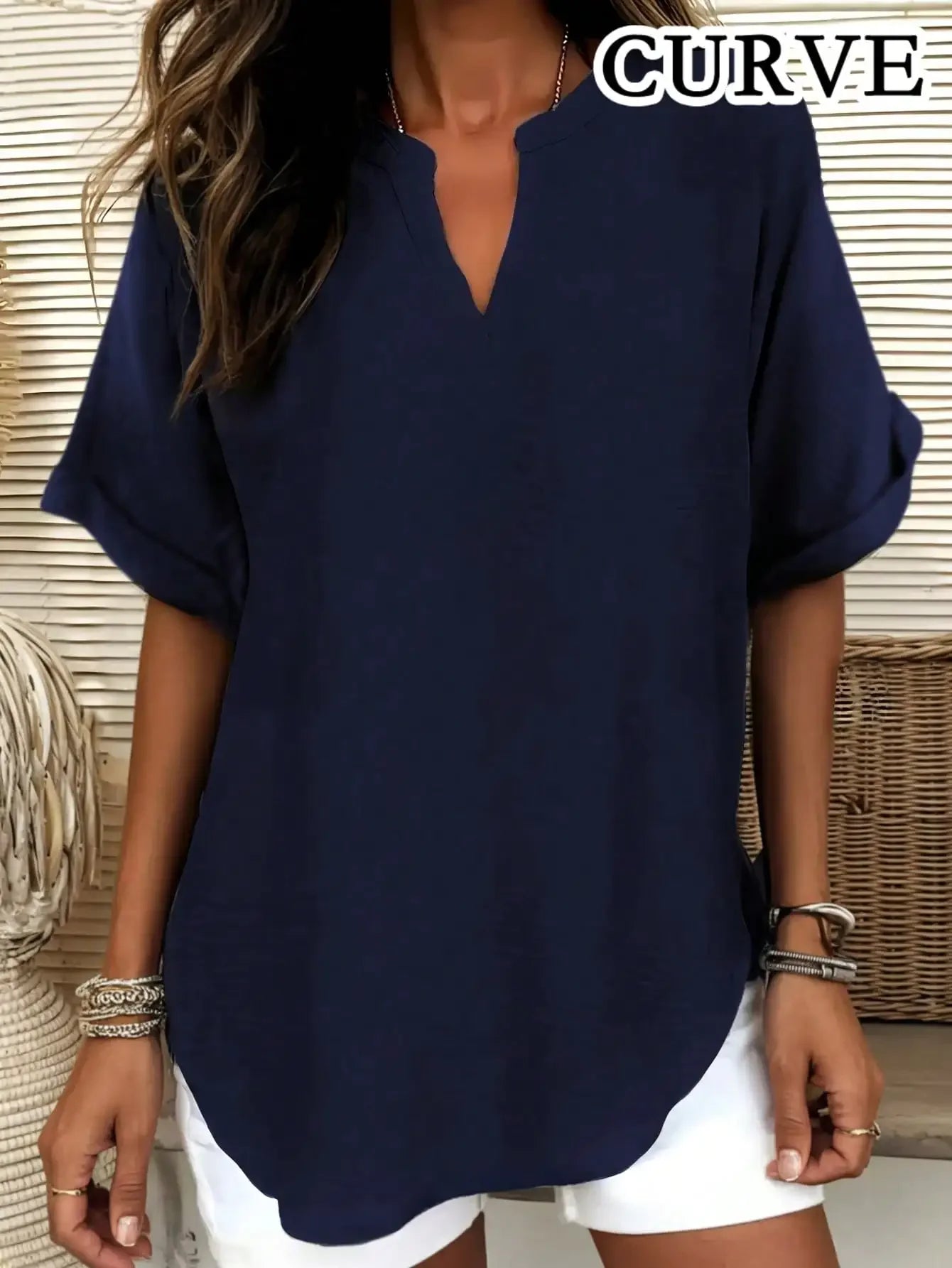 Plus Size 1XL-5XL Women's Fashion Solid Color Notched Top Ladies Casual Short Sleeve Summer V-Neck Blouse Shirt Tops Navy Blue