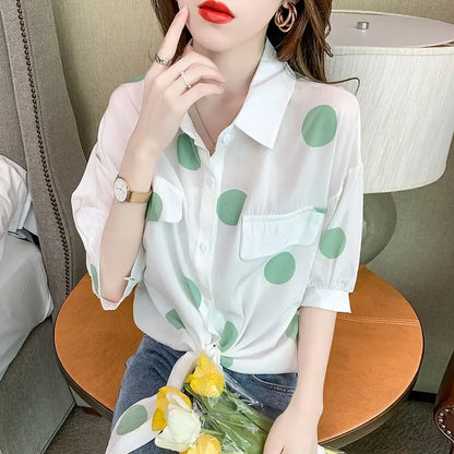 Fashion Lapel Loose Bandage Bow Polka Dot Shirt Women's Clothing 2025 Summer New Oversized Casual Tops Half Sleeve Korean Blouse