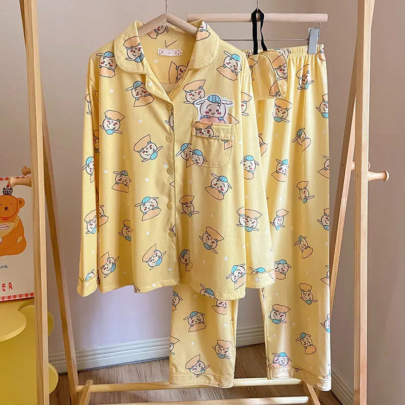 Kawaii Chiikawa Anime Pajamas Cartoon Usagi Hachiware Cute Girls Long Sleeves Long Pants Spring Autumn Student Home Clothes Set C