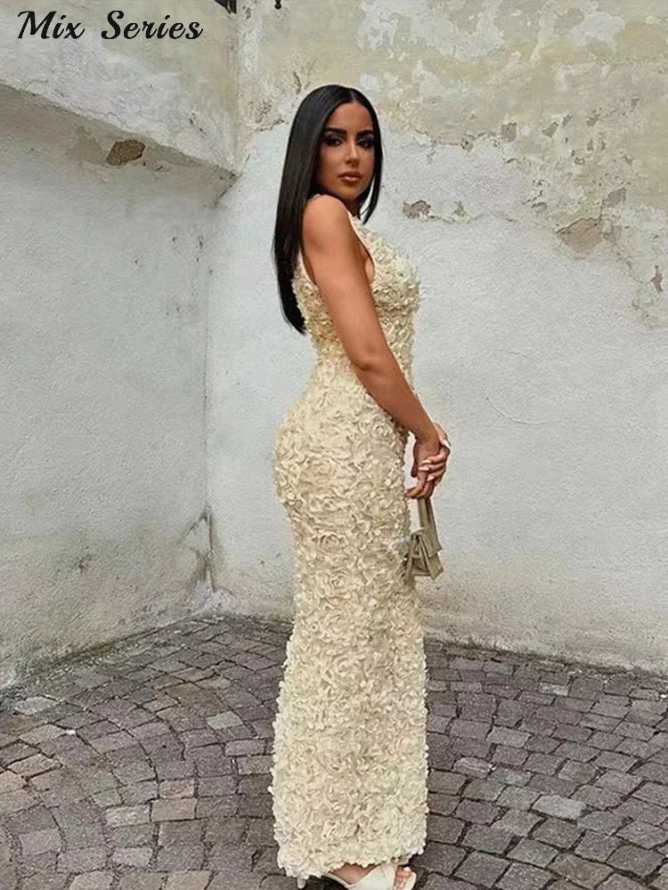 Sexy 3D Flower Deep V-neck Dress Women Slim Sleeveless Backless Split Hip Package Midi Dresses 2025 Spring Ladies New Vestidos