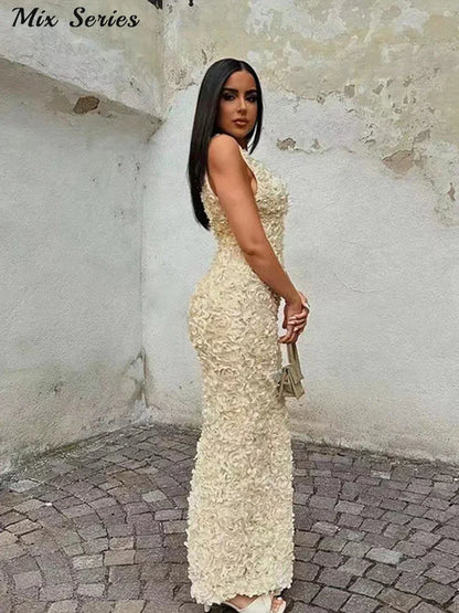 Sexy 3D Flower Deep V-neck Dress Women Slim Sleeveless Backless Split Hip Package Midi Dresses 2025 Spring Ladies New Vestidos