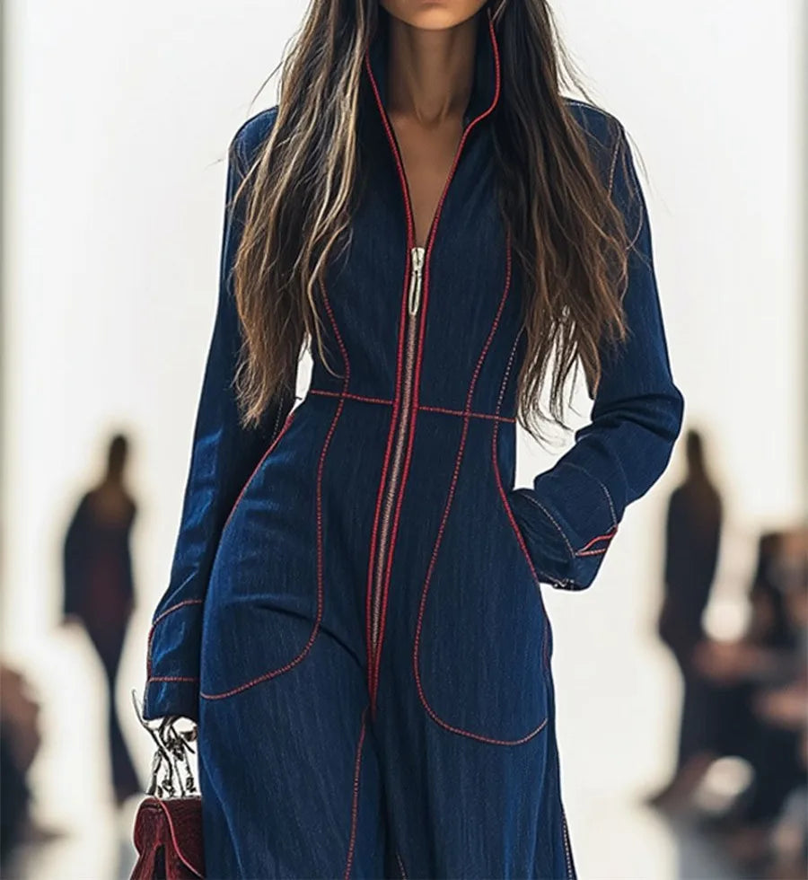 Jumpsuits For WomanFashion Casual Autumn/Winter Long Sleeve V-neck Pockets Solid Color Zipper Wide Leg Jumpsuits Jumpsuit Woman Badiee Stylez