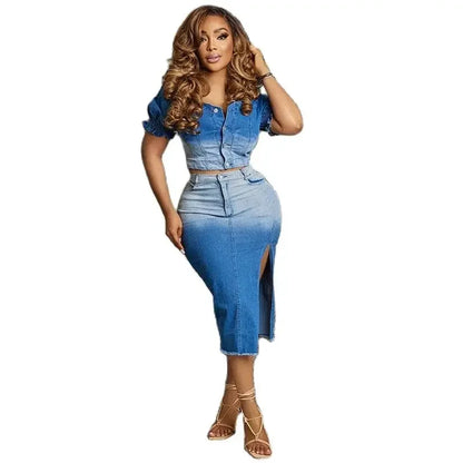 Women's Denim Skirt Top Gradient Color Denim Button Fluffy Sleeve Exposed Navel Top Slim Fit Midi Skirt Paired With 2-Piece Set Blue