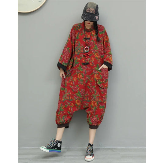 Artistic Large Floral Cotton Linen Chinese Style Button Embroidery Loose Casual Jumpsuit Women LX4344 Badiee Stylez