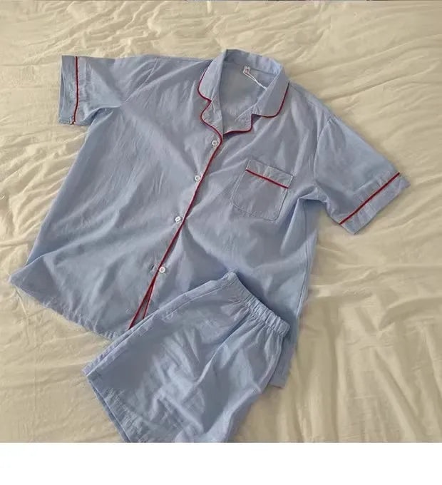 Women's Striped Solid Color Pajamas Short Sleeve Shorts Cardigan with Lapel Student Homewear Two-Piece Set Girl Sleepwear