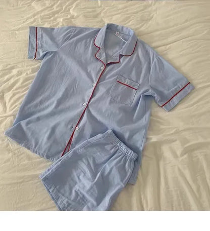 Women's Striped Solid Color Pajamas Short Sleeve Shorts Cardigan with Lapel Student Homewear Two-Piece Set Girl Sleepwear