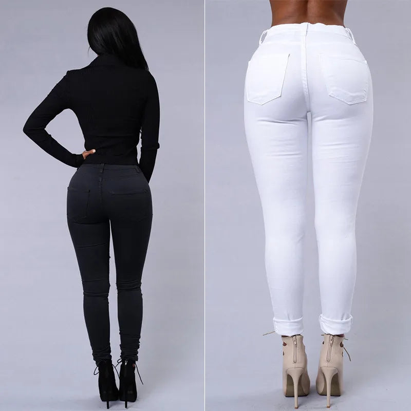 Fashion Stretchy Ripped Skinny Black Jeans Women Zipper Hollow Out Denim Jeans Casual Lady Street Bottoms