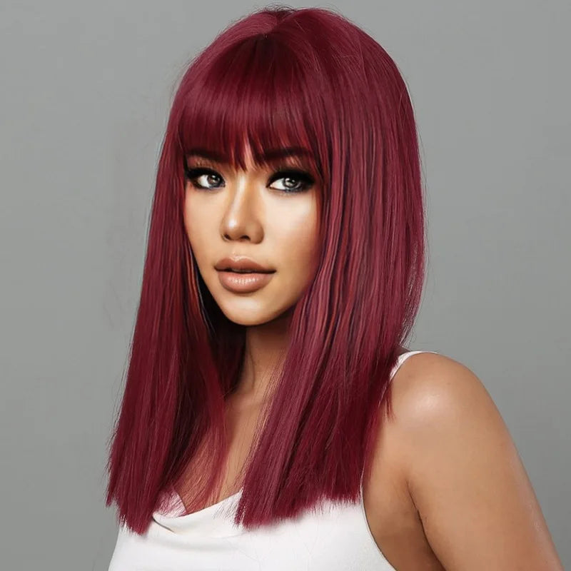 Fashion black synthetic wig female Qi bangs long hair festival daily wig chemical fiber mechanism full head wig 23-791-wine red