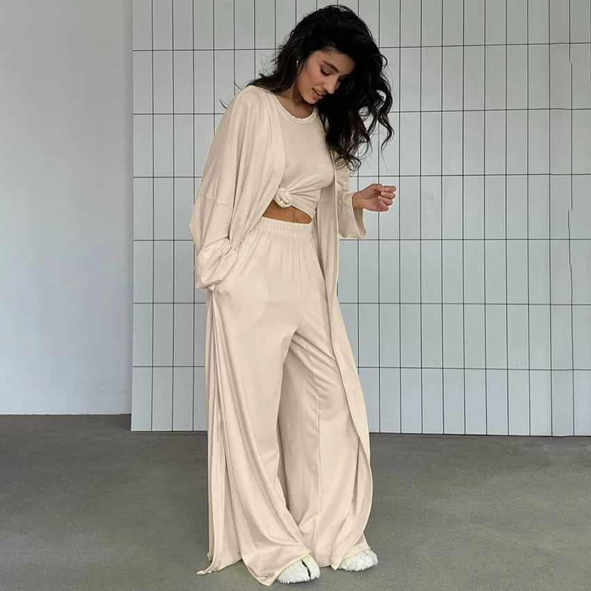 Hiloc Elegant Knit 3 Piece Sets Summer Casual Loose Sleepwear Street Chic Elastic Waist Pants Fashion Long Sleeve Shirts 2025