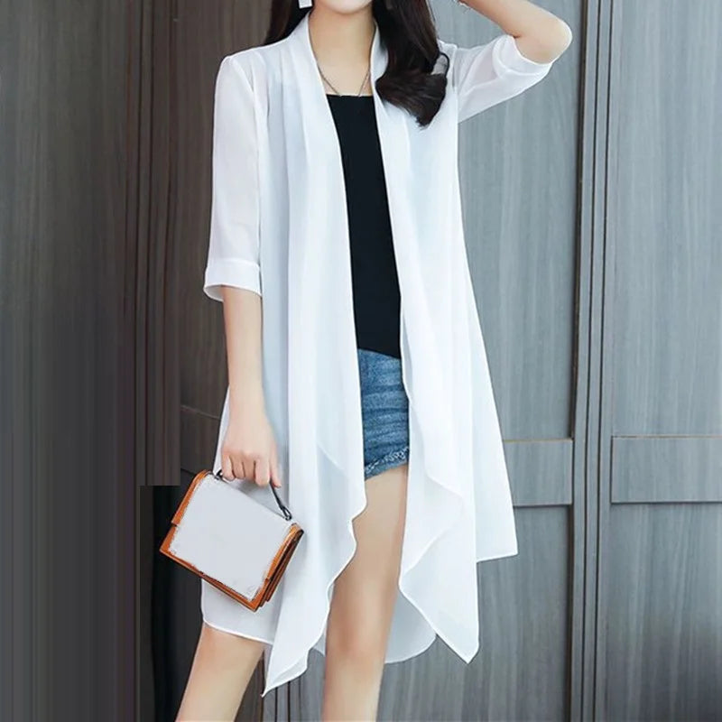 Summer Sun Protection Clothing Women Chiffon Cardigan Half Sleeve Blouse Shirts Ladies Shawl Female Tops Women Loose Thin Coats white