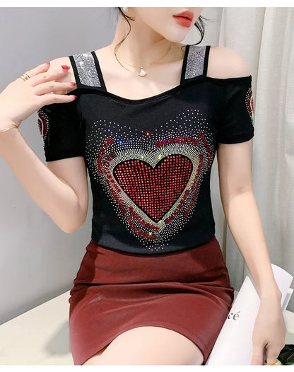 Aoxison Summer Short Sleeved Women's T-Shirt Elegant Slim Shiny Love Heart Diamonds Mesh Tops Chic Girl Sexy Off Shoulder Tees