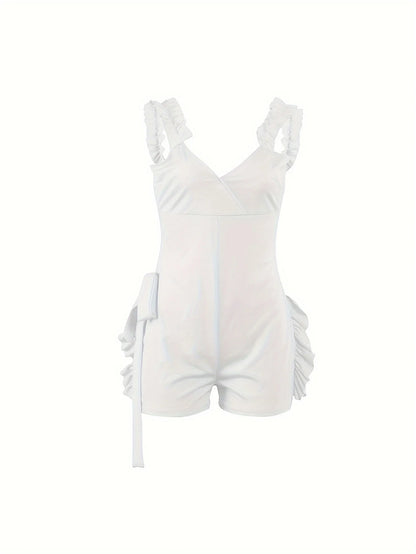 Ruffle Deep V Neck Summer Romper Sexy Bow Tie Short Jumpsuit Women Sleeveless Casual Playsuit Overalls Rompers