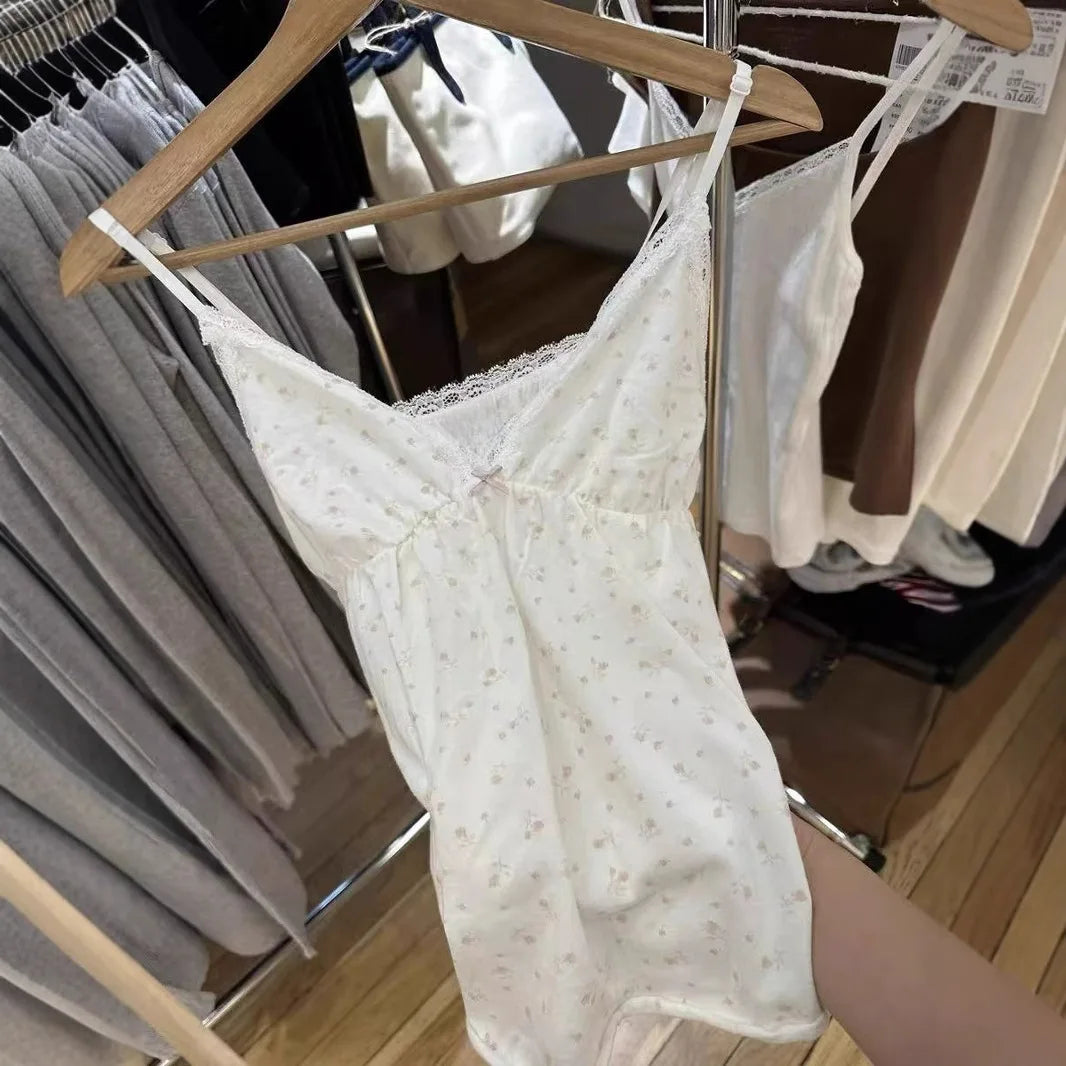 Floral Print Bow V Neck Camis Women Chic Lace Trim Sleeveless Slim Crop Tops Vest Sweet Casual Fashion Raw Hem Tank Top Y2k New