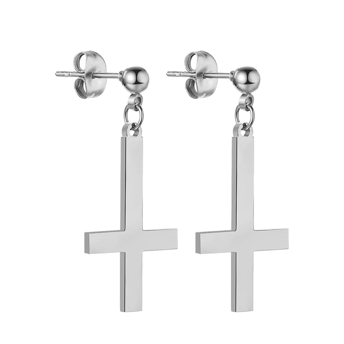 BONISKISS Men Women Stainless Steel Inverted Upside Down Cross Earring Church of Satan Temple Occult Satanic Witchy Stud Jewelry Cross Studs Silver