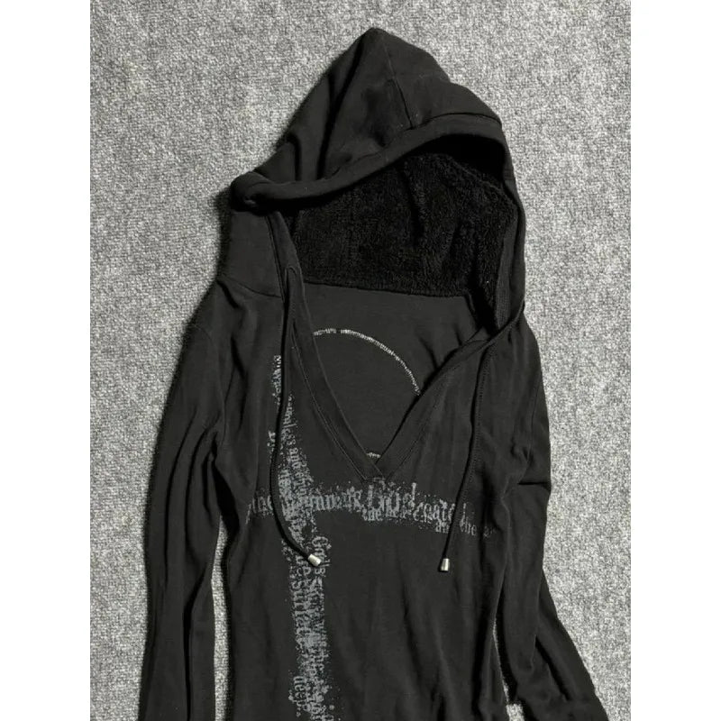 Deeptown Y2k Black Vintage Printed Hoodies Women V Neck Long Sleeve American Fashion Hooded Sweatshirt Streetwear Hip Hop Spring