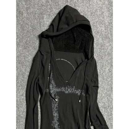 Deeptown Y2k Black Vintage Printed Hoodies Women V Neck Long Sleeve American Fashion Hooded Sweatshirt Streetwear Hip Hop Spring