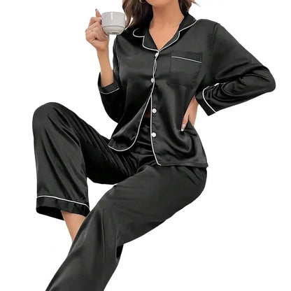 Women Two-piece Pajama Set Classic Design Sleepwear Elegant Women's Silk Pyjama Set with Long Sleeve Button Top Elastic for Home Black China