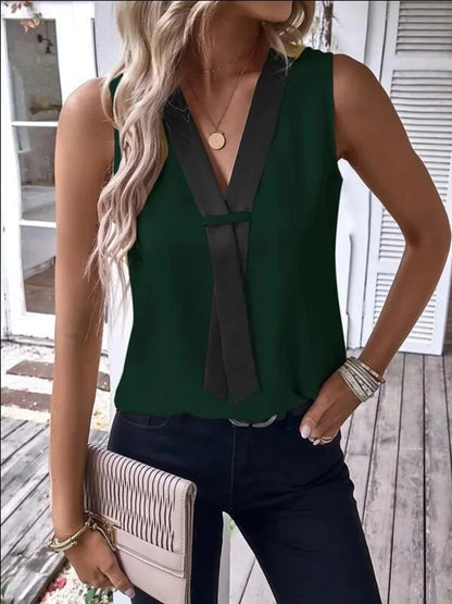 Fashion Sleeveless V-neck Tank Top Women Solid Casual Blouse Shirt 2023 Summer Elegant Office Womens Tops And Blouses