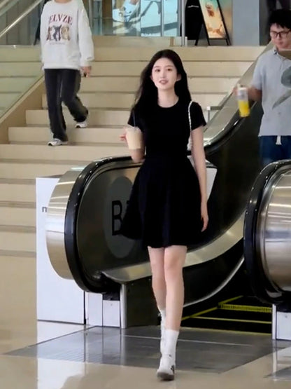 Women's Petite Black Summer Dress Round Collar Short Sleeve Slimming A-Line Mini Streetwear French Elegant LBD for Juniors