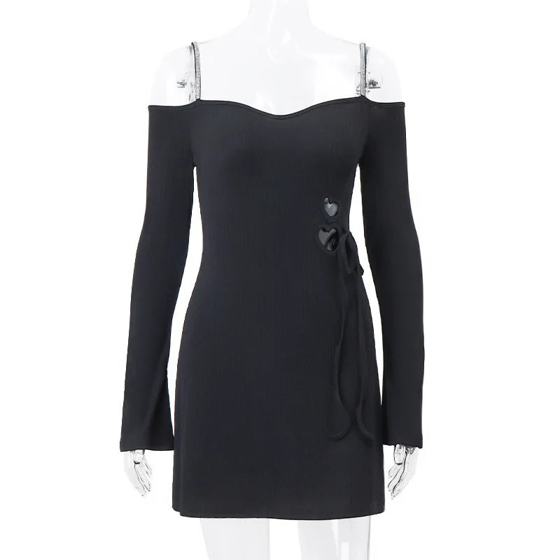 Sexy Black Dresses Autumn New Women Mini Dresses Streetwear Fashion Folds Long Sleeves V-Neck Dress Casual Slim Elegant Clothing