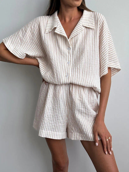 Hiloc Elegant Cotton Stripe Shorts Suits Pajamas Summer Short Sleeve Blouse With Elastic Waist Shorts 2 Piece Sets Home Outfits
