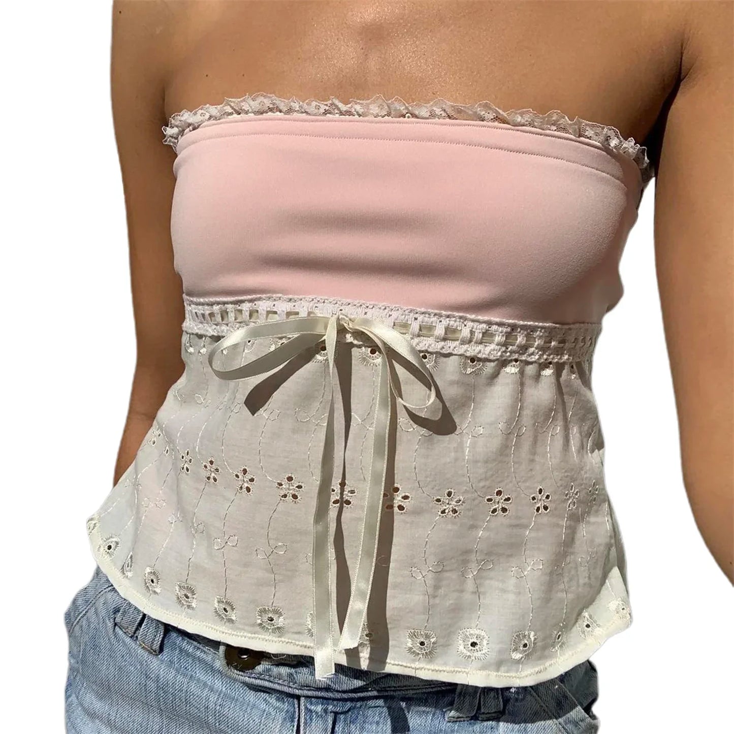 Women's Bandeau Top Kawaii Bow Lace Frill Strapless Tube Tops Summer Sexy Off Shoulder Backless Tie-up Vest Y2k Streetwear Pink