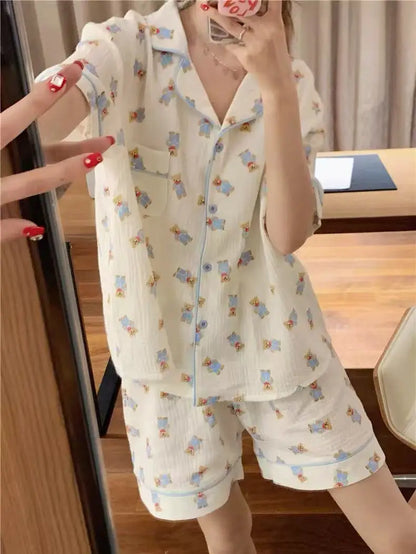 Cute Girl's Summer Cotton Linen ort Sve Nightgown Home Clothes Set Bear Print Gauze Spwear Simple Home Sle