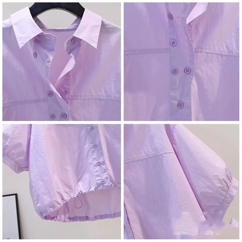 Summer Turn-down Collar Fashion Short Sleeve Shirt Women High Street Solid Color Casual Cardigan Drawstring Pure Cotton Tops