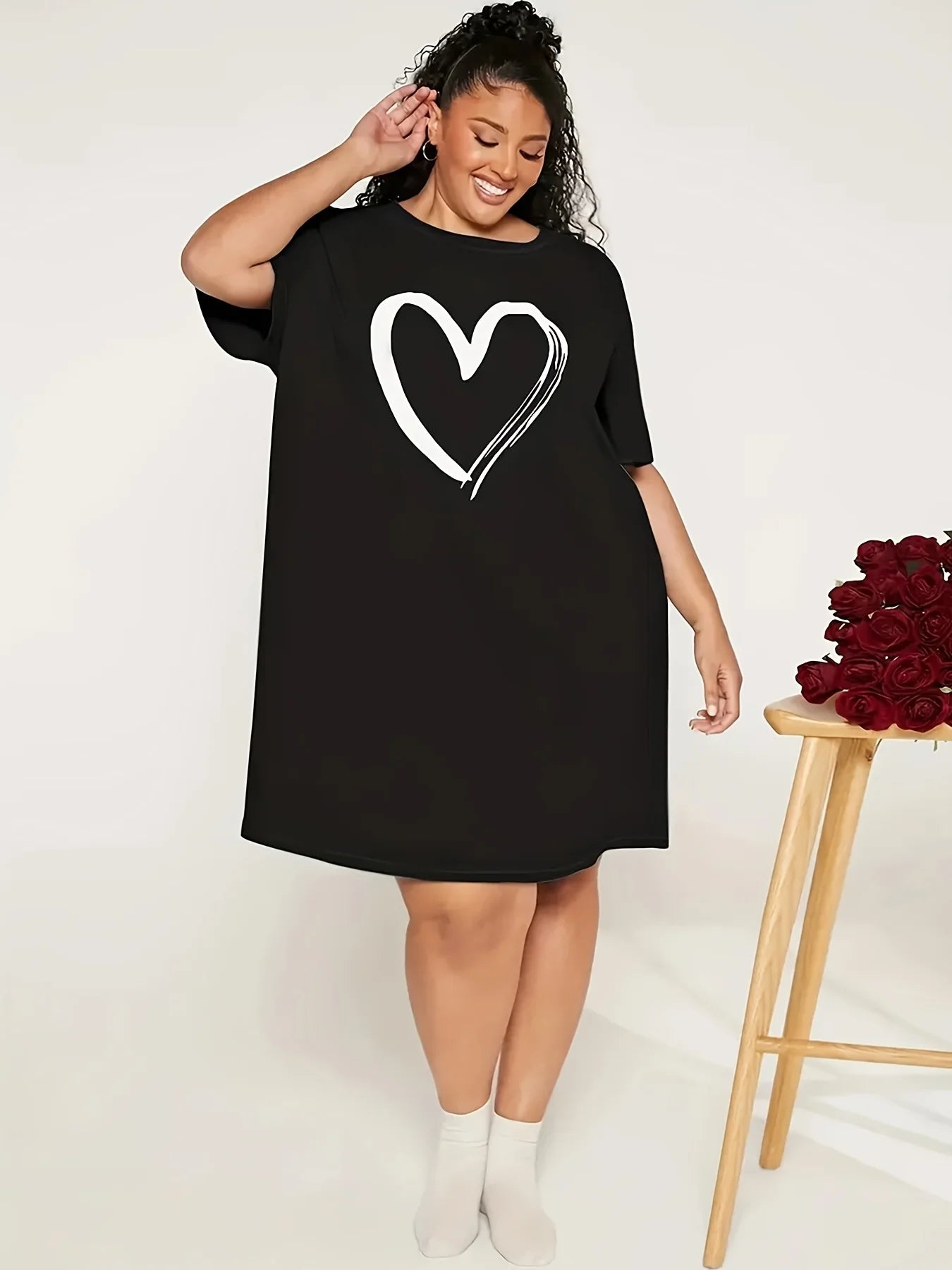 Summer Women's Plus Size Let Me Sleep Graphic T-shirts Dress Short Sleeve Round Neck Casual Sleepwear with Heart Design Dress