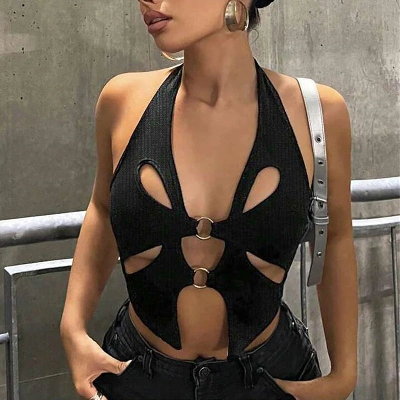 Sexy Black Halter Women's Y2k Crop Tops Sleeveless Hollowing Out Backless Fashion Female 2024 New Summer Grunge Slim Tank Tops 6043