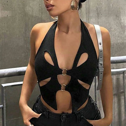 Sexy Black Halter Women's Y2k Crop Tops Sleeveless Hollowing Out Backless Fashion Female 2024 New Summer Grunge Slim Tank Tops 6043