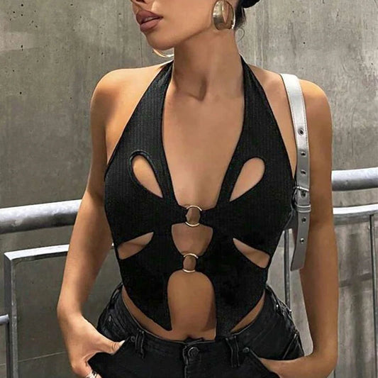 Sexy Black Halter Women's Y2k Crop Tops Sleeveless Hollowing Out Backless Fashion Female 2024 New Summer Grunge Slim Tank Tops 6043