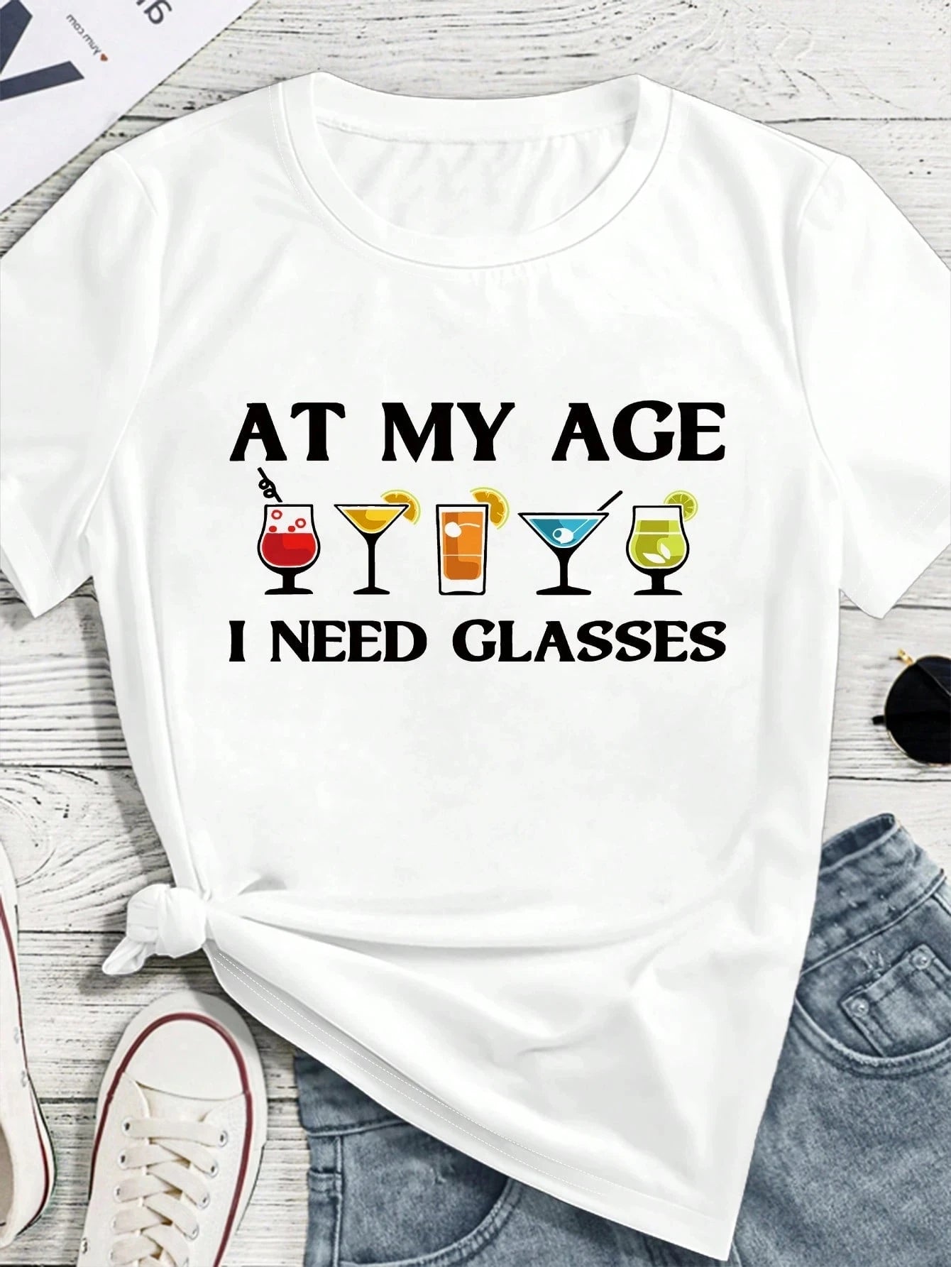 Plus Size SHEIN LUNE Fashionable Minimalist Wine Glass Print Casual Short Sleeve T-Shirt Graphic Tees Women Tops white