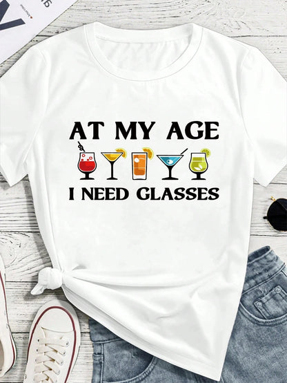 Plus Size SHEIN LUNE Fashionable Minimalist Wine Glass Print Casual Short Sleeve T-Shirt Graphic Tees Women Tops white