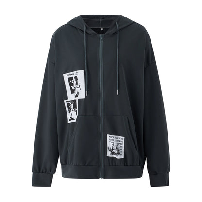 Women Sweatshirt Coats Graffiti Print Gothic Grunge Zip Up Hoodie Top Dark Academia Jacket Autumn Aesthetic Y2K Outerwear